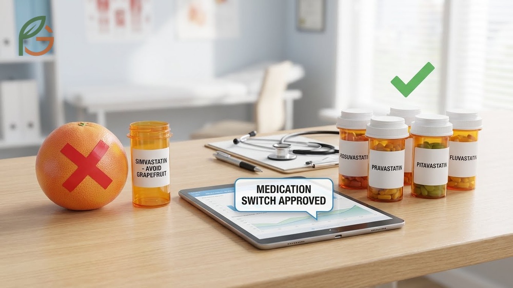 Safe alternatives and solutions include switching to rosuvastatin or pravastatin to maintain cholesterol control without dietary restrictions.