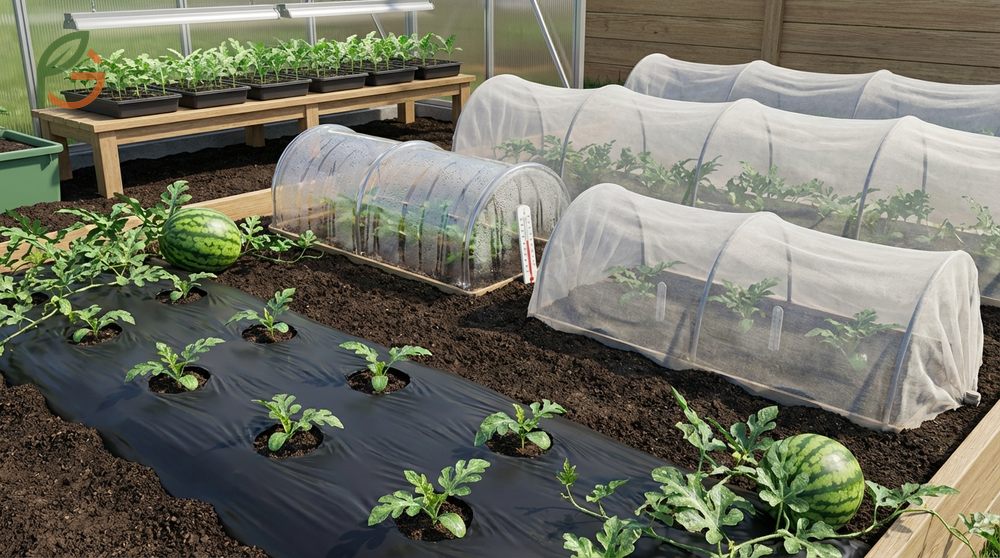 Speeding up watermelon growth involves using black plastic mulch to warm the soil and shorten the timeline by 5 to 10 days.