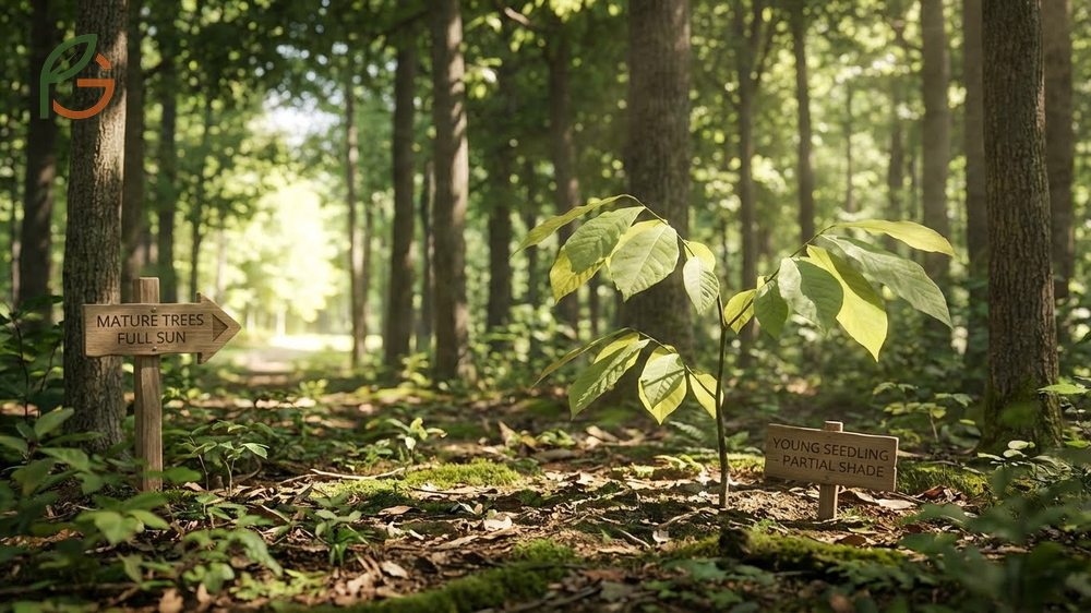 Shade cloth providing protection and filtered sunlight for paw paw seedlings during their first two years.