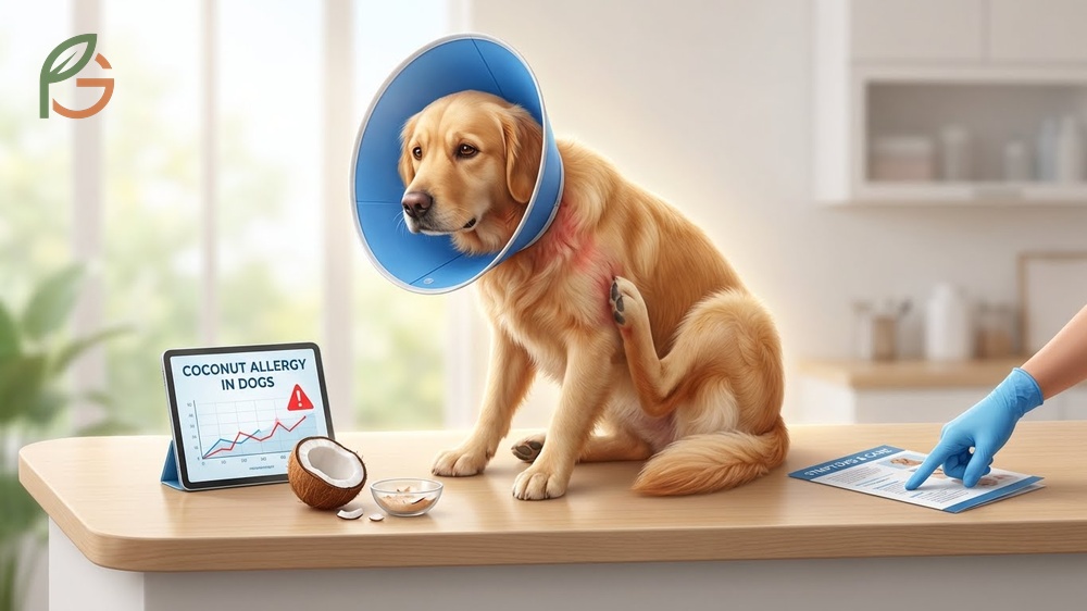 Symptoms of coconut allergy in dogs such as skin itching and gastrointestinal upset appearing within hours of consumption.