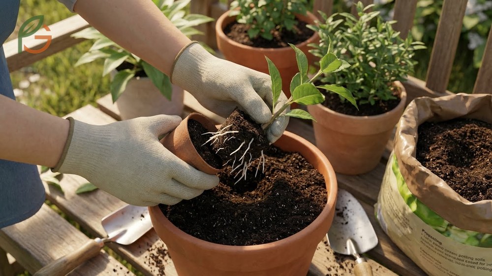 Transplanting rooted cuttings into larger pots with standard soil once roots reach 2 inches long.