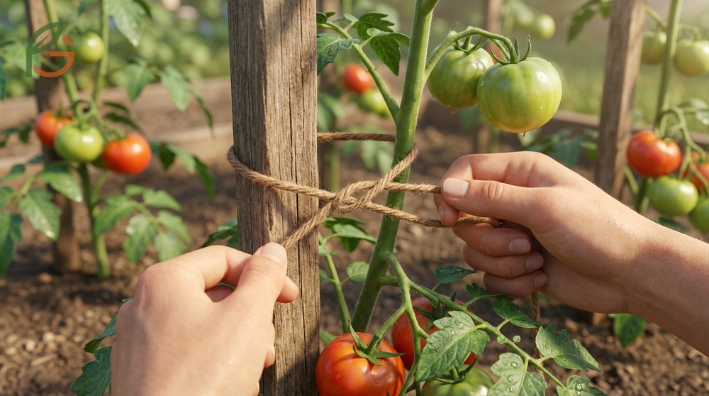 How to tie up tomato plants using soft twine or cloth strips in a figure eight pattern to prevent stem damage.