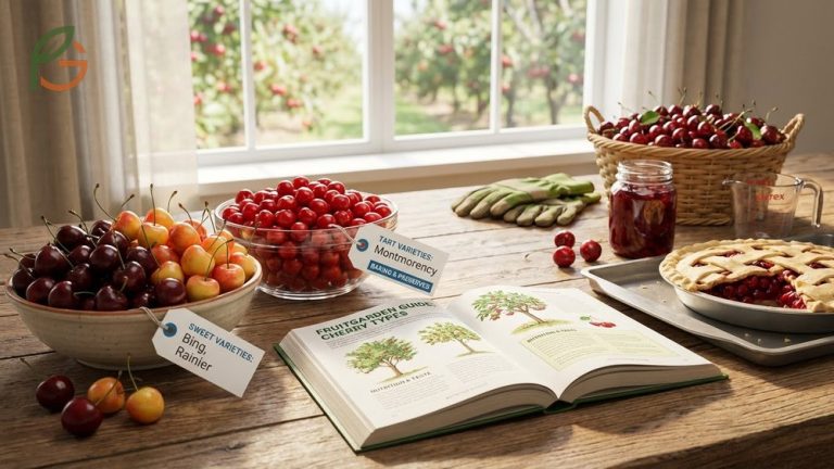 Type of cherry fruit guide detailing sweet and tart varieties like Bing and Montmorency with taste profiles and nutritional data.