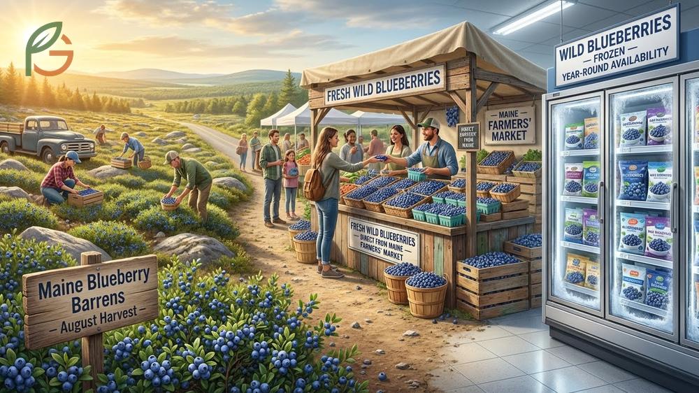 Where to find wild blueberries in the frozen section of supermarkets or as powder for year round consumption.