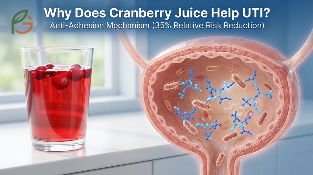 Why does cranberry juice help UTI through anti-adhesion mechanisms that reduce relative risk by 35%.