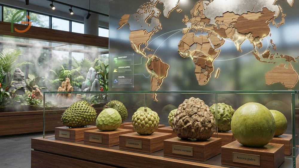 Annona fruit types including mountain soursop and pond apple adapted to diverse microclimates across tropical regions.