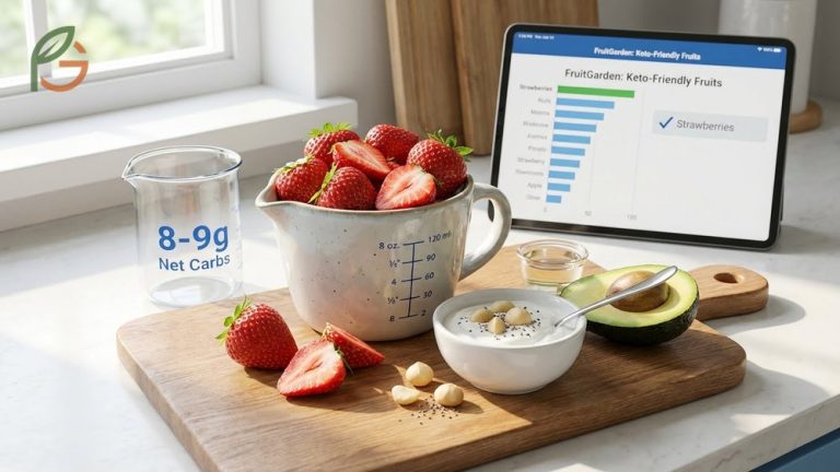 Fresh strawberries shown as a low carb fruit option containing only 8 to 9 grams of net carbs per cup for keto dieters.