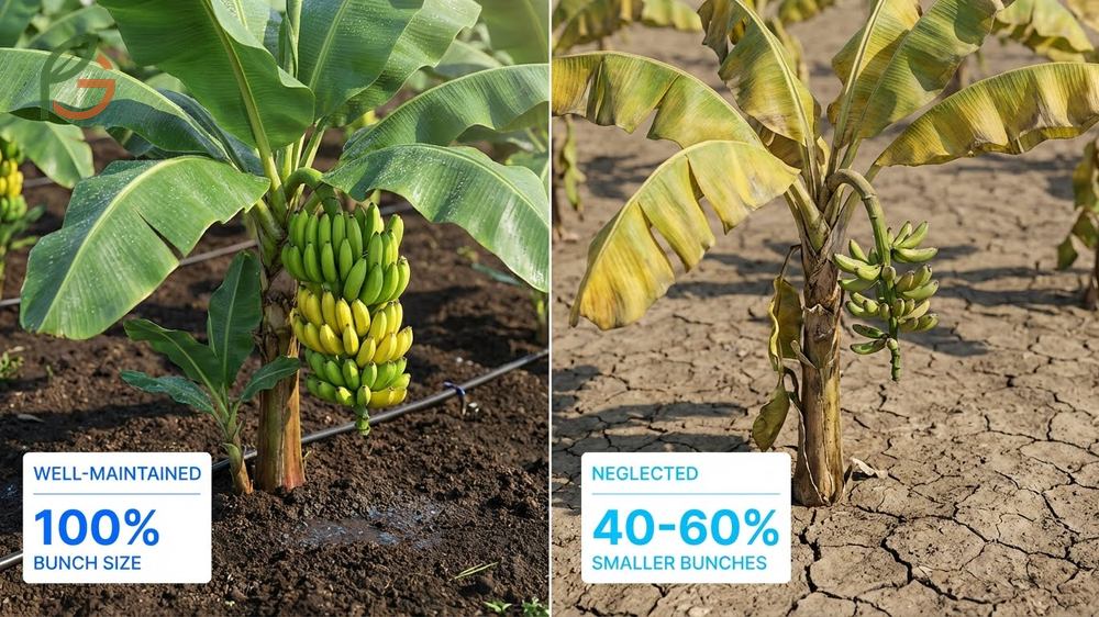 Banana tree care involves consistent watering of 2 inches weekly and applying balanced fertilizer every 14 days.