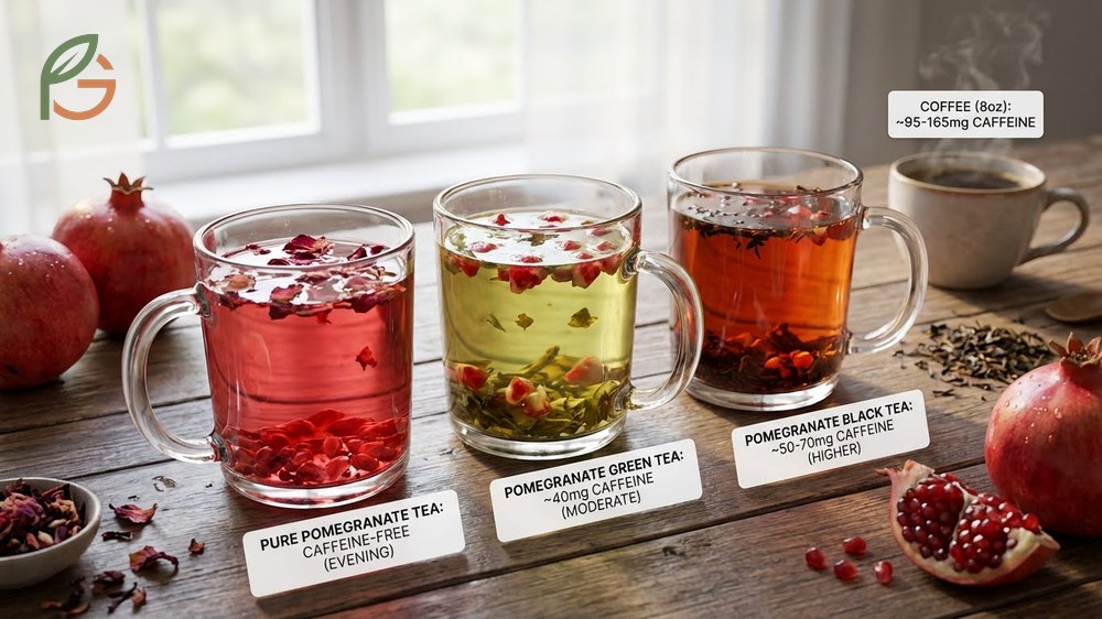 Caffeine in pomegranate tea blends compared to coffee with options for decaffeinated versions.