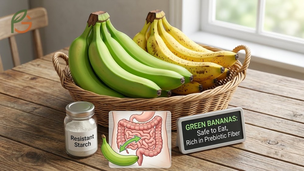 Fresh green bananas containing type 2 resistant starch that supports better digestion and gut health.