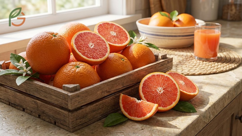 Cara Cara navel oranges feature pink flesh from lycopene and provide 58mg of vitamin C per 100g serving.