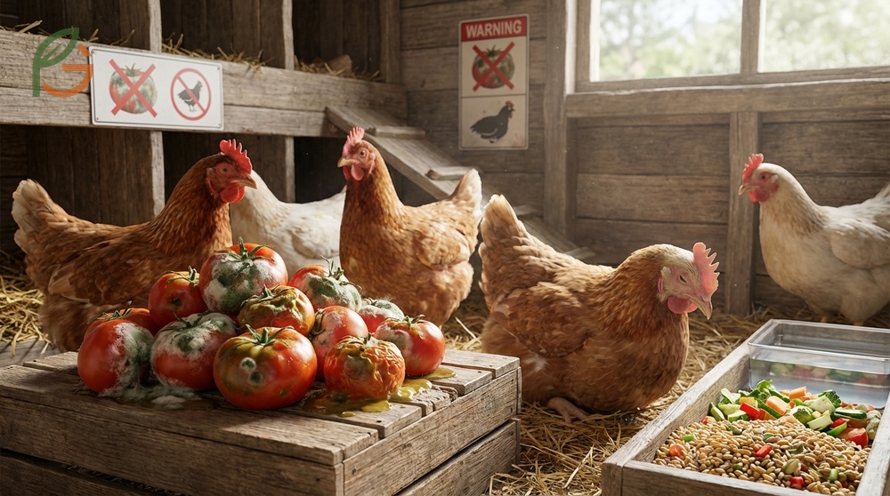 Feeding rotten tomatoes to chickens warning about dangerous mycotoxins and mold causing liver damage.