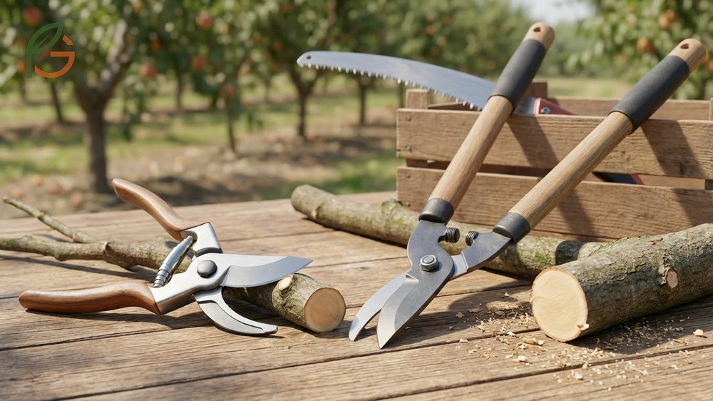 Pruning tools like bypass loppers are essential for cutting branches up to 1.75 inches in diameter.