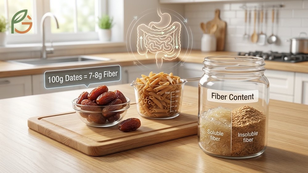 Fiber content in dates providing 7 to 8 grams per serving to improve digestive regularity and prevent constipation.