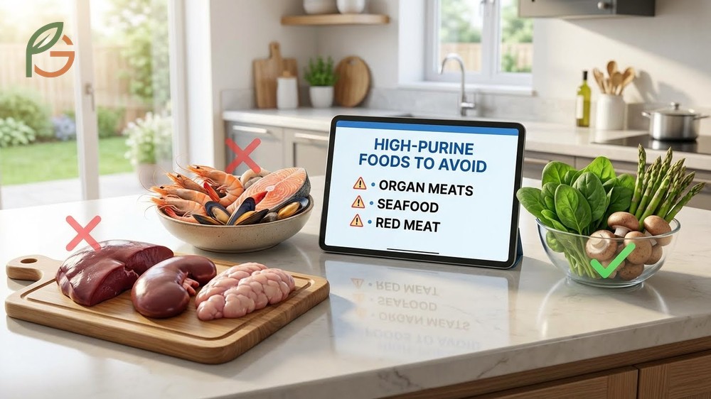 Foods to avoid with gout including organ meats and seafood with high purine levels over 96 mg per 100g.