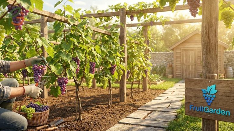How to grow grapes guide displaying a healthy home vineyard with full sun exposure and proper trellis support.