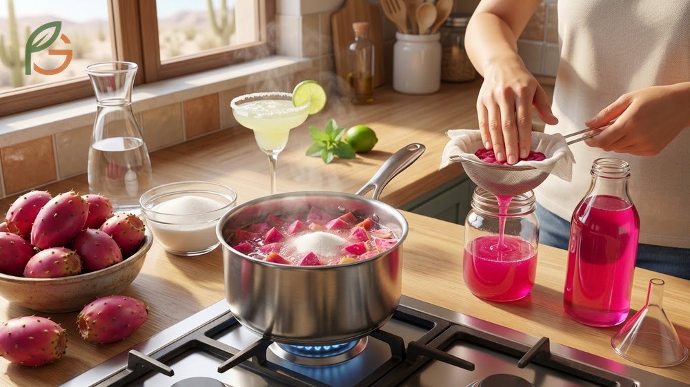 How to make prickly pear syrup using just three ingredients and 6 to 8 fruits to yield 2 cups of liquid.