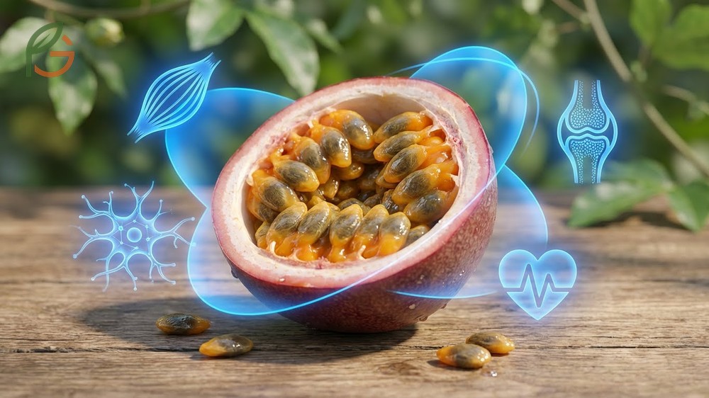 Passion fruit seed edible magnesium contributes 10mg per 100g serving to support bone and muscle health.
