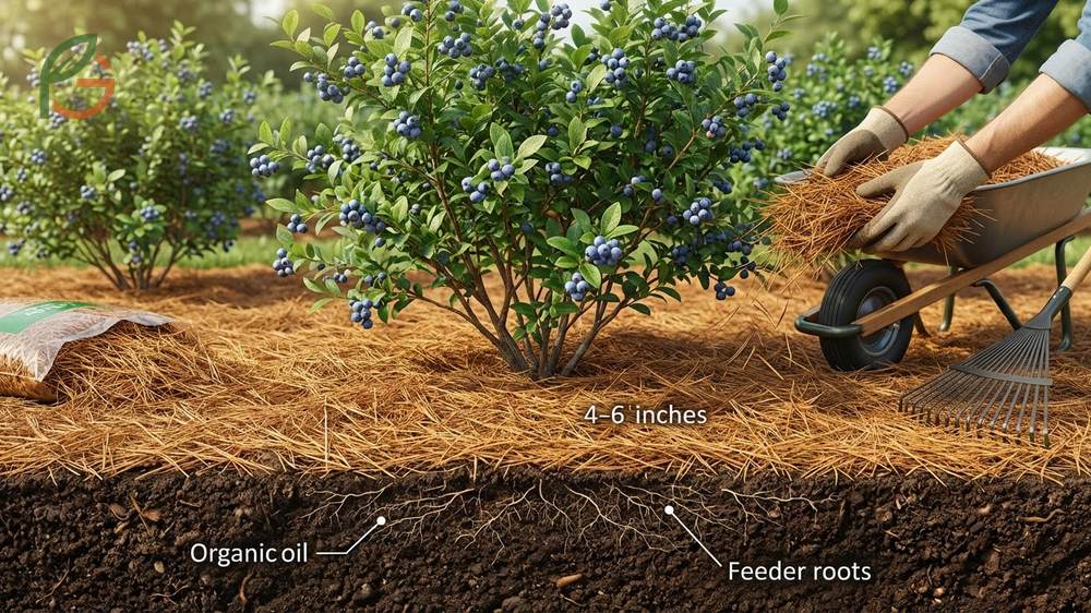 Pine needle mulch layer applied six inches deep around blueberry roots to retain moisture and lower pH.
