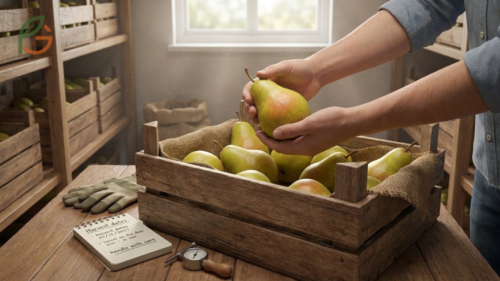 Pear storage tips for maximum freshness including harvest timing and controlling humidity levels to 90 percent.