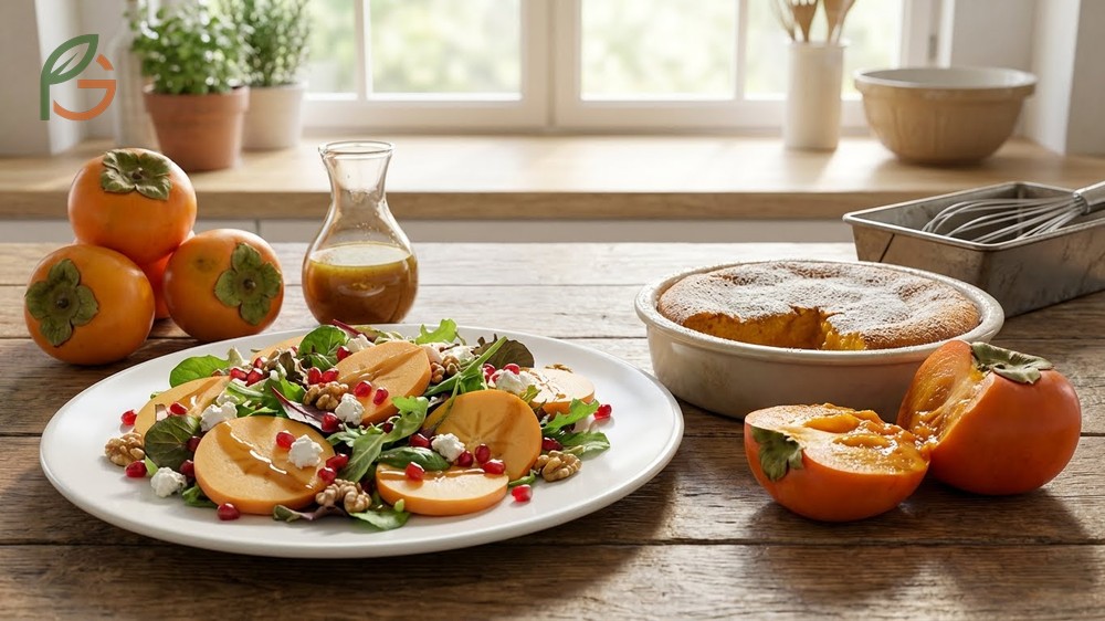 A fresh autumn salad featuring sliced Fuyu persimmons mixed with greens and nuts for a healthy meal.