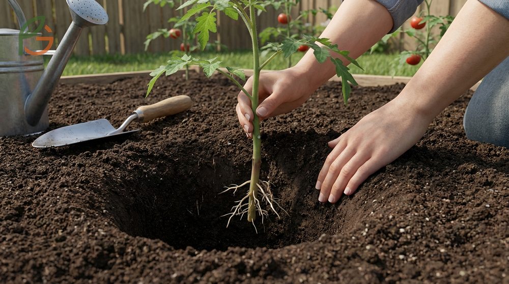 How to plant tomatoes deeply by burying two thirds of the stem to encourage robust root growth.