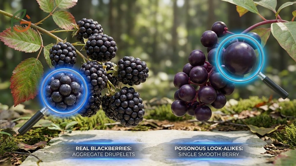 Poisonous berries that look like blackberries warning against smooth pokeweed and deadly nightshade berries.