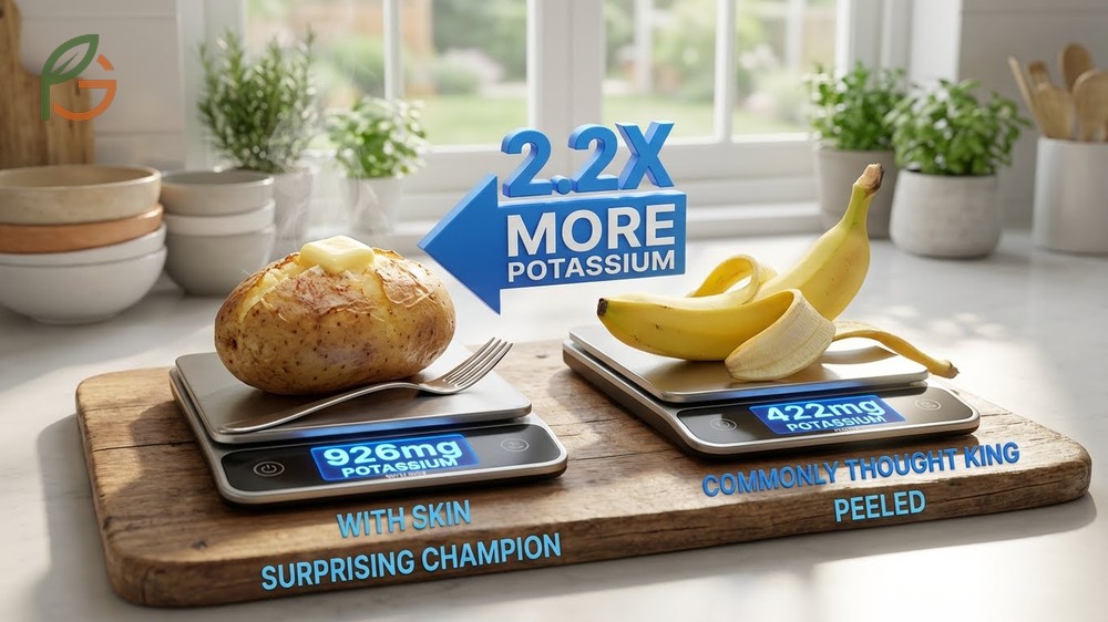 Potato vs banana potassium comparison shows a baked potato with skin has 926mg versus 422mg in a banana.