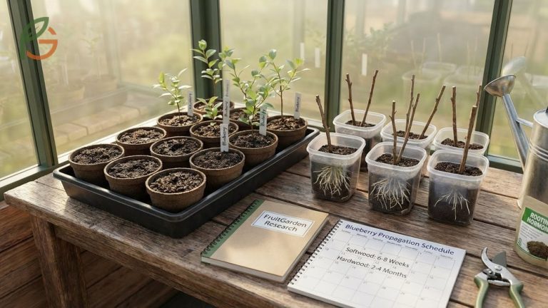 A gardener carefully snipping a softwood cutting from a healthy blueberry bush.