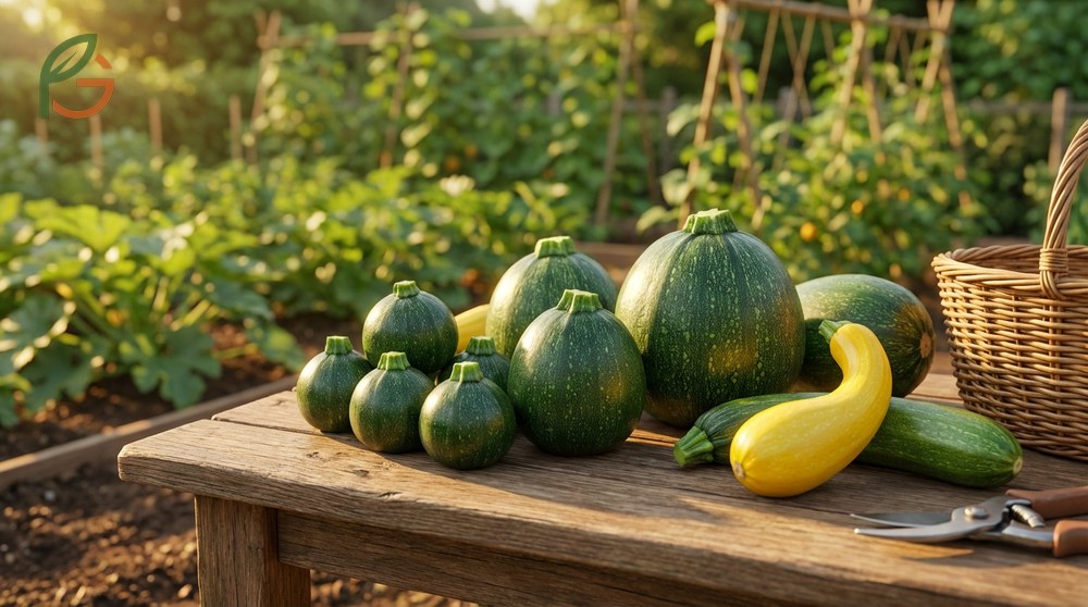 Specialty variety timing varies as round types are picked at 3 inches and pattypan squash at 4 inches across.