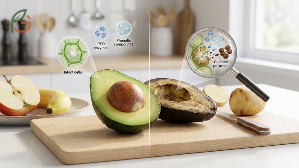 Understanding avocado oxidation where enzymes react with oxygen to turn flesh brown and how temperature affects this process.