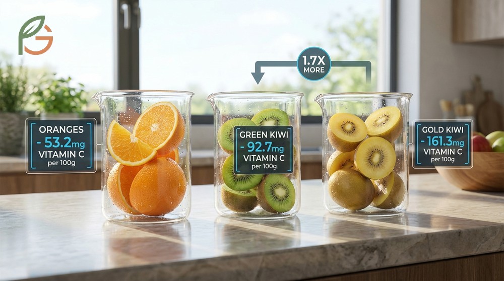 Vitamin C in kiwi vs orange comparison reveals kiwi delivers nearly double the amount per edible weight.