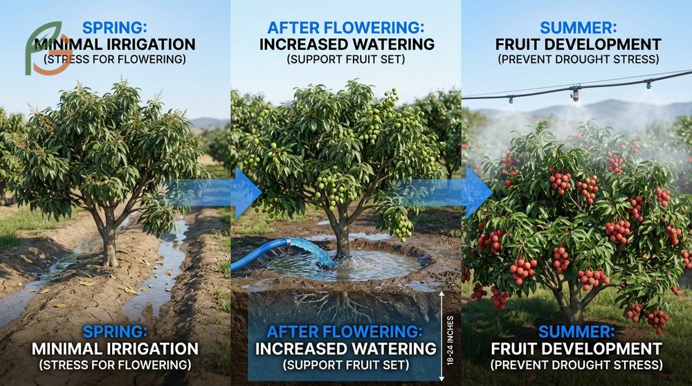 Watering and fertilizing lychee trees schedule with increased irrigation during the summer fruit development period.