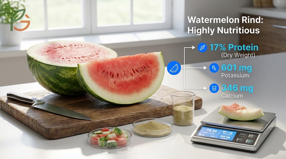 Watermelon rind nutrition facts showing 601 mg potassium and 346 mg calcium per 100g serving.