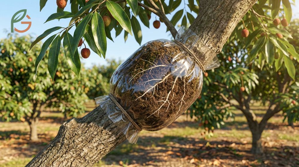 Air layering lychee trees technique using sphagnum moss to produce fruiting trees in just 3 to 4 years.