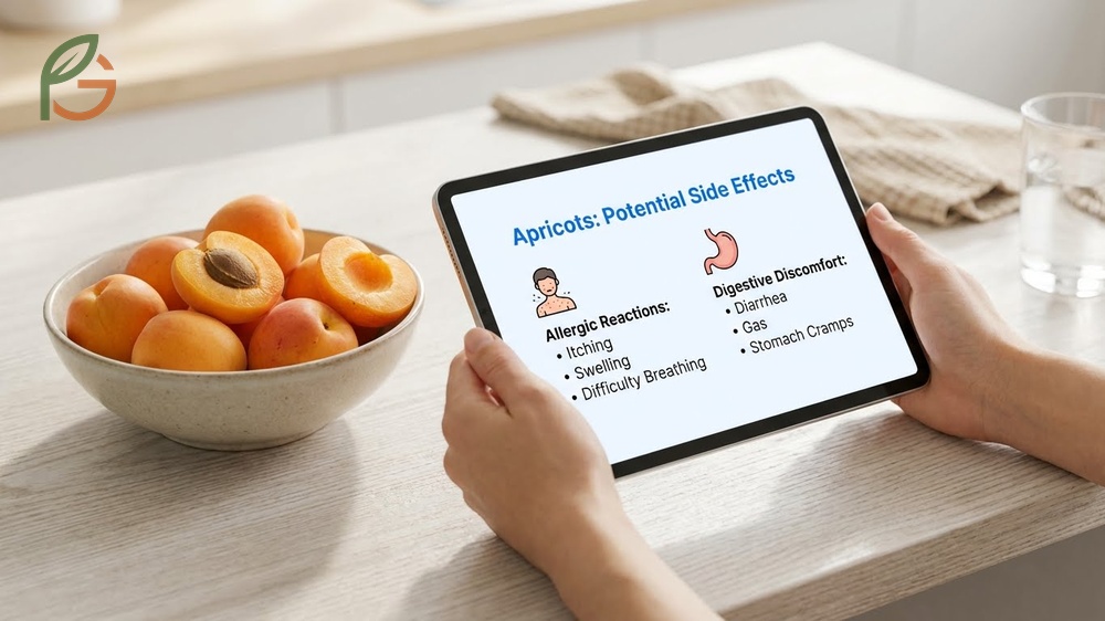 Apricots side effects may include digestive upset from excess fiber or allergic reactions in sensitive individuals.