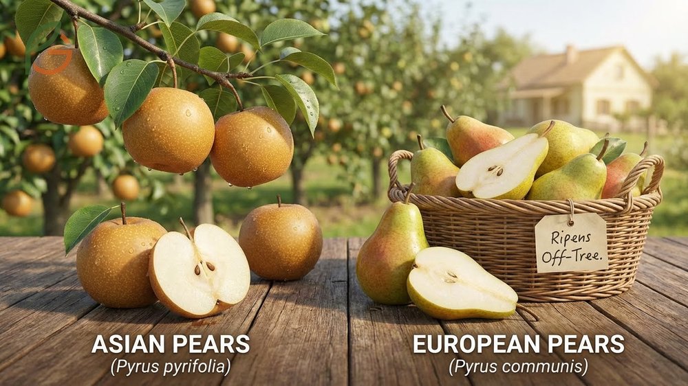Asian pears vs regular pears comparison focusing on ripening behavior and botanical origins.