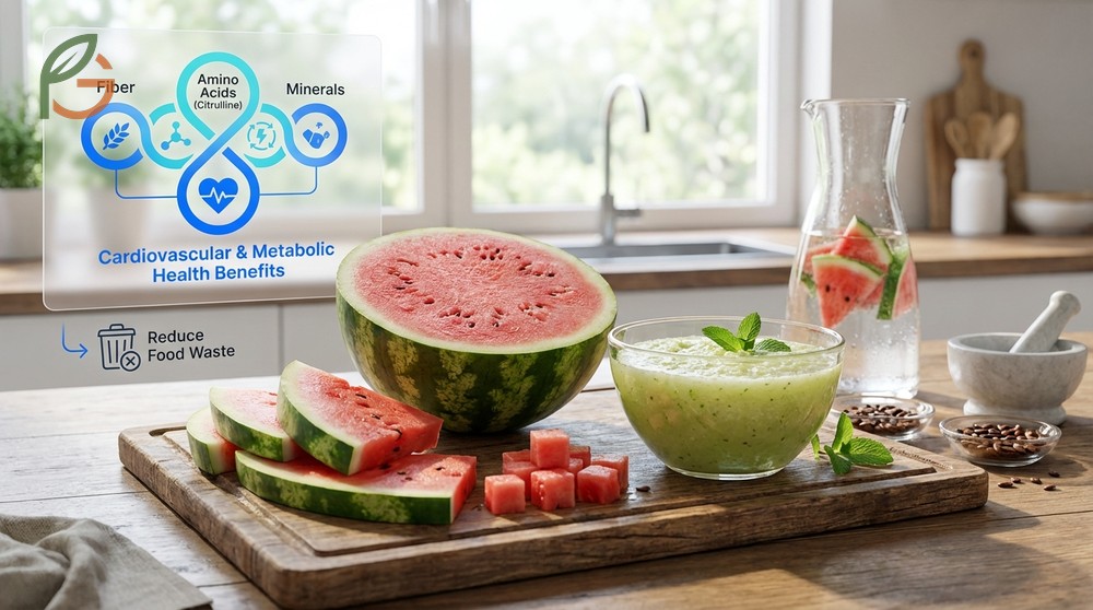 Benefits of watermelon rind include 24.7 mg of citrulline per gram to improve circulation and blood flow.