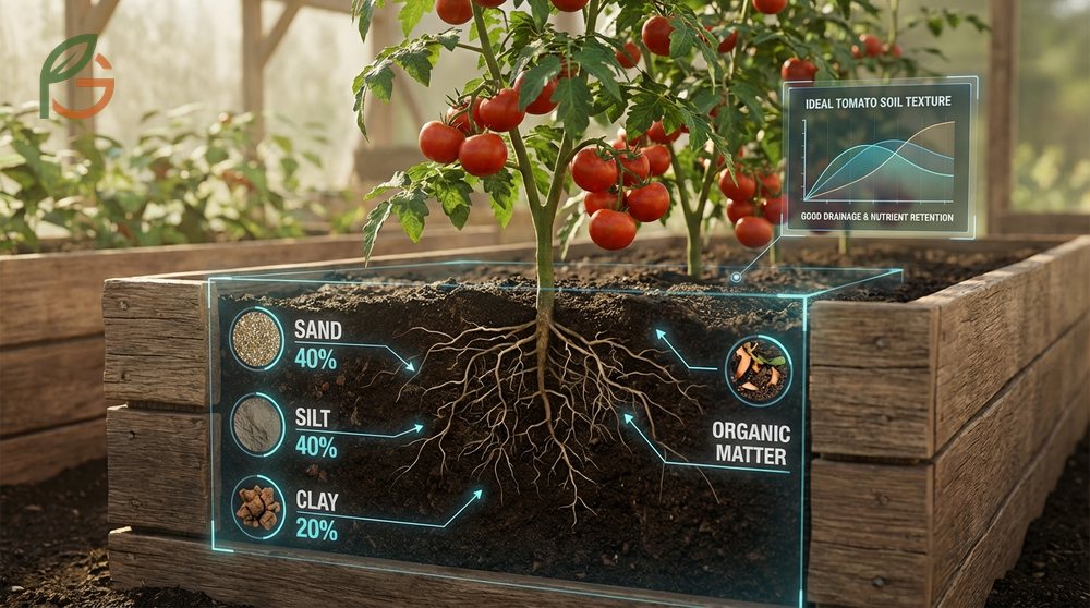 Best soil for growing tomatoes featuring loamy texture with compost for drainage and nutrients.