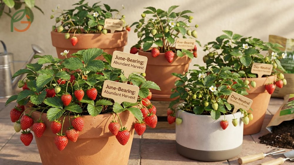 Strawberry plants in pots like Seascape and Tristar are selected for their compact size and continuous fruit production.