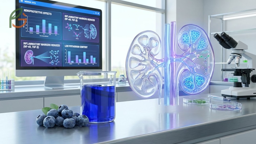 Blueberry juice for kidney health offering a low potassium fruit option with 77mg per 100g to protect renal function.