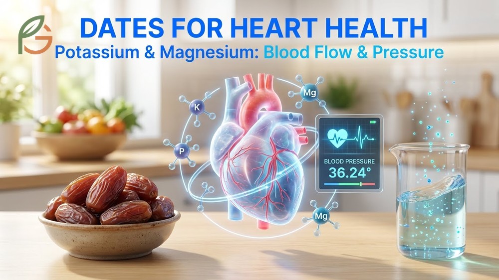 Dates for heart health benefits explained through high potassium content regulating blood pressure and vascular function.