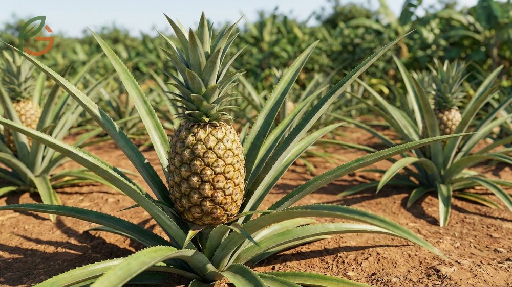 Do Pineapples Grow on Trees clarification showing the fruit growing on a low terrestrial bromeliad plant.