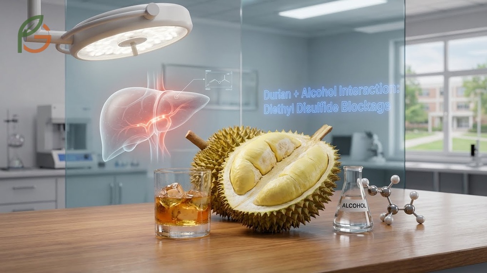 Durian and alcohol interaction science showing how sulfur compounds block ALDH enzyme causing acetaldehyde buildup.