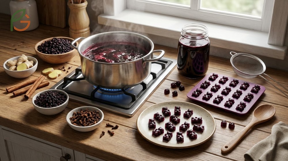 Elderberry gummy recipe starts with homemade syrup made from dried berries simmered with cinnamon and ginger for flavor.