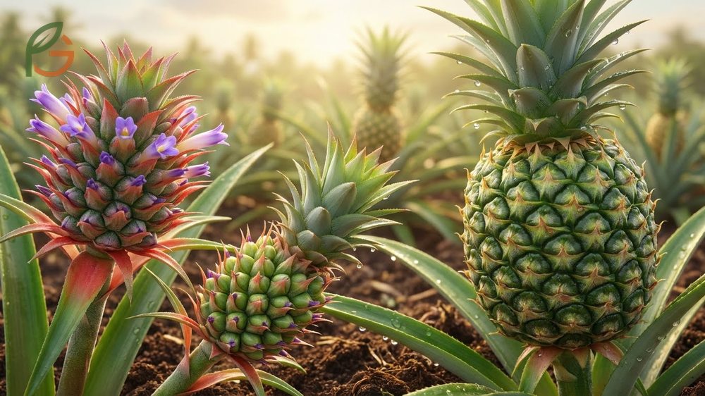 Developing pineapple fruit showing individual fruitlets fusing into a single compound structure.