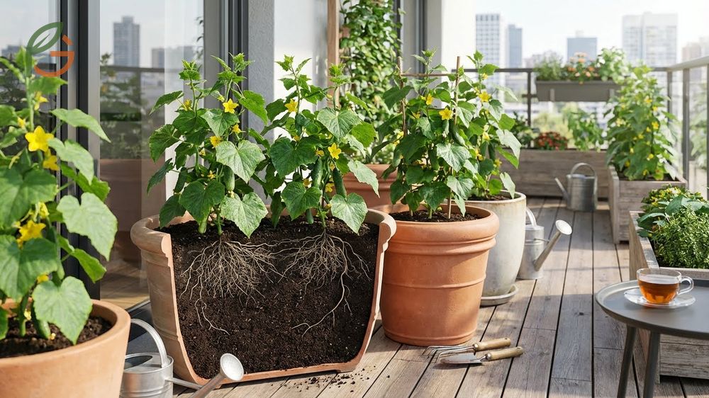 Growing cucumbers in containers requires 12 inches of soil depth for root systems to thrive in small spaces.