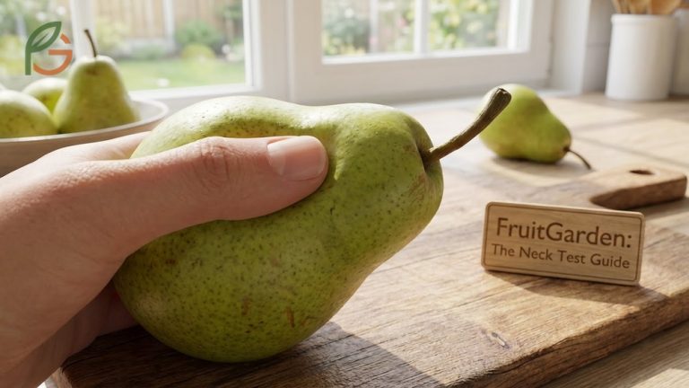 How to tell if a pear is ripe using the neck test method by applying gentle pressure near the stem area.