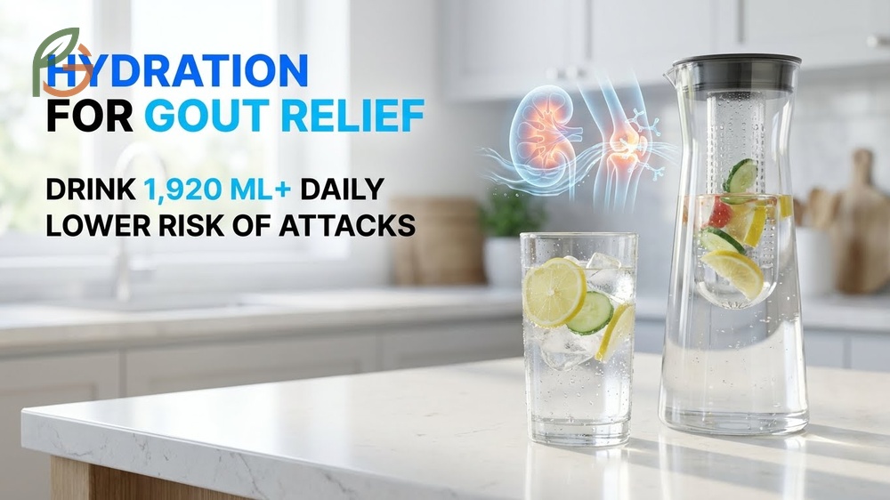 Hydration for gout relief recommending 2000 to 3000 ml of fluid daily to flush out uric acid.