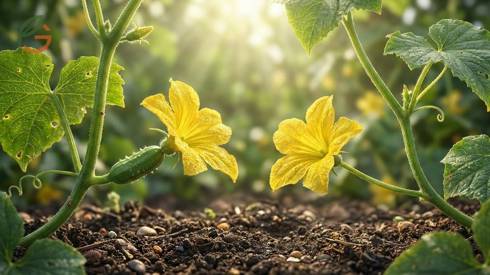 Identifying cucumber flowers by checking for the miniature fruit at the base of female blooms versus thin male stems.
